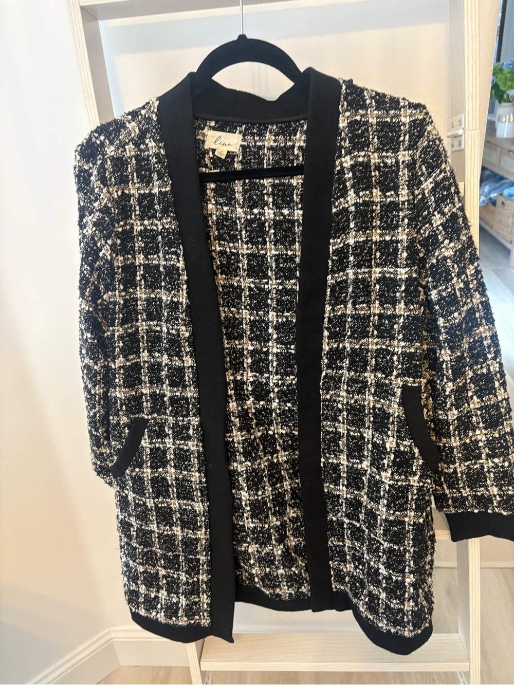 Black & White Check Tweed Open-Front Jacket